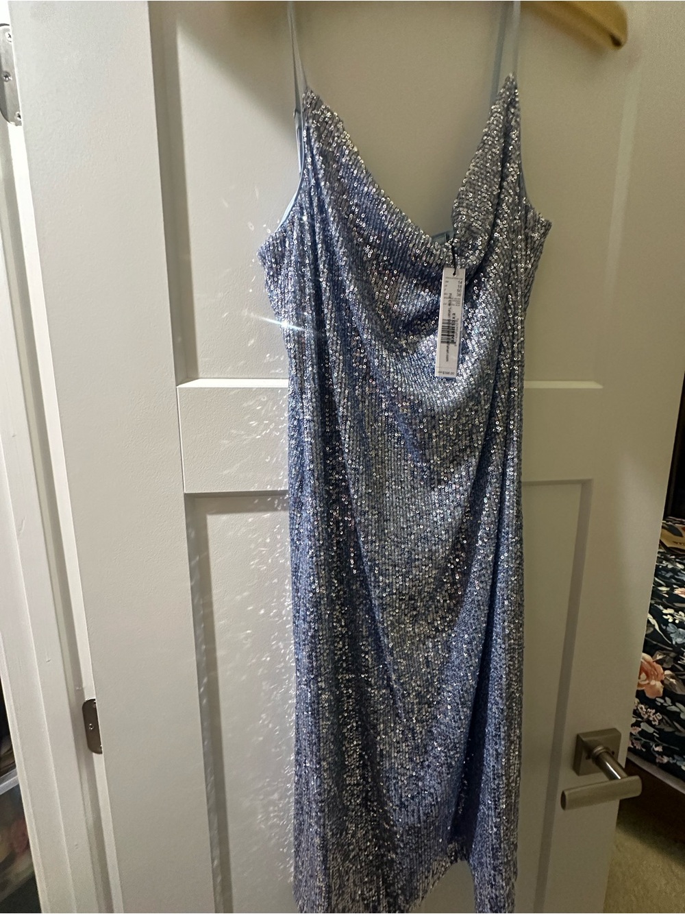 Elie Tahiri Sequin Cowl Neck Slip Dress in Shimmering Light Blue